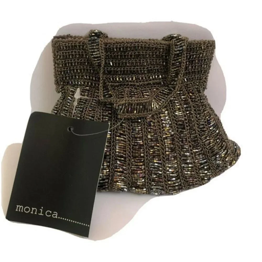 Designer Women prom formal party Purse pewter Beaded Crochet Clutch